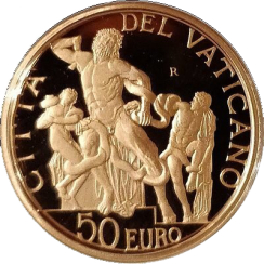 Pamětní zlatá mince, 50EUR Pontifikát Benedikta XVI. 2009 - Mistrovská sochařství ve Vatikánu “The Laocoon Group”