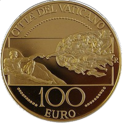 Pamětní zlatá mince, 100EUR Pontifikát papeže Benedikta XVI. 2008 - Sixtinská kaple: Zrození člověka