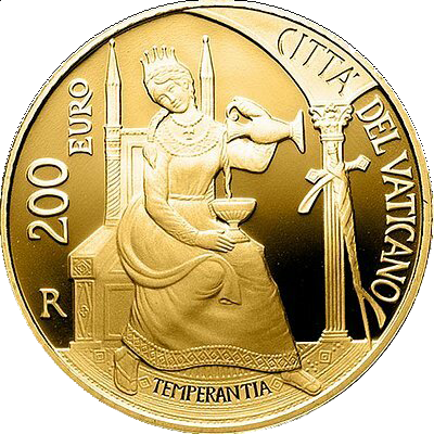 Pamětní zlatá mince, 200EUR Pontifikát papeže Františka 2018 - Kardinální ctnosti: Střídmost
